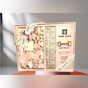 Anne Klein Signature Scarf Ring Gift Box with Ribbon Set-In Pink & Tan